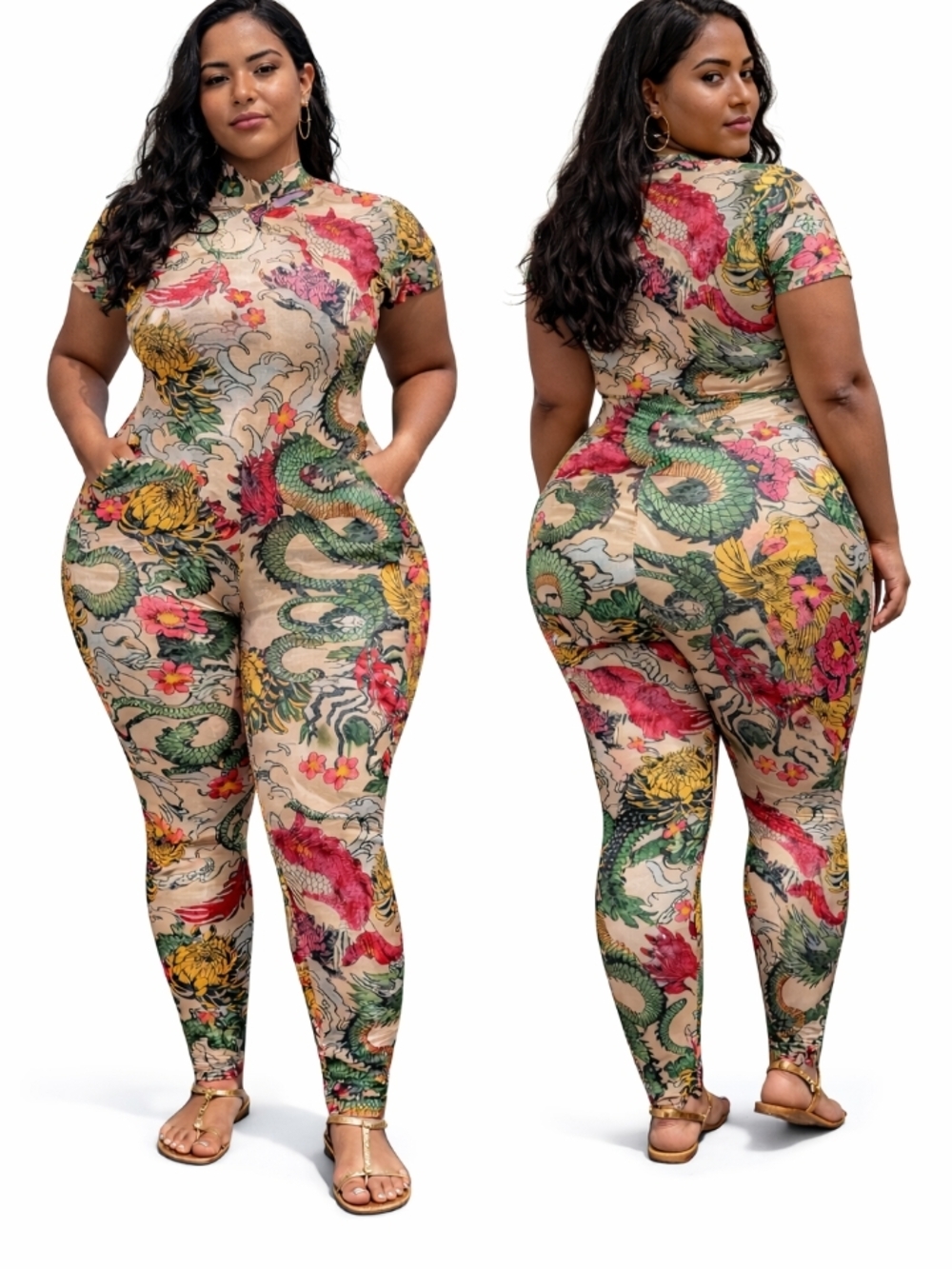 Jumpsuit Dragon Print Bodycon Stretch One Piece Womens Size Medium